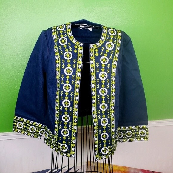 Jackets & Blazers - Victor Costa Womans Navy Blue Cotton Green Geometric Embroidered Jacket size sm